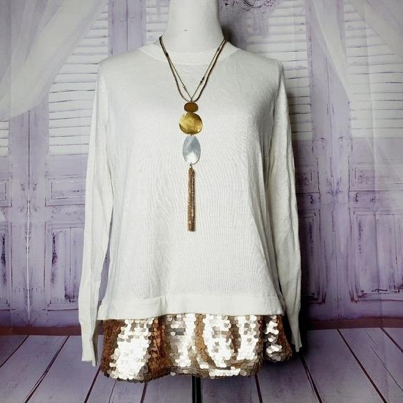 Brixon Ivy Sweaters - BRIXON IVY‎ SIZE S IVORY WHITE SWEATER SEQUINS TOP #0011